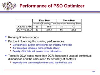 Performance of PSO Optimizer
 Running time in seconds
 Factors influencing the running performances:
 More particles, quicker convergence but probably more cost
 # of contextual variables: more contexts, slower
 Density of the data set: denser, more calculations
 Typically DCW costs more than DCR, because it uses all contextual
dimensions and the calculation for similarity of contexts
 especially time consuming for dense data, like the Food data
102
 