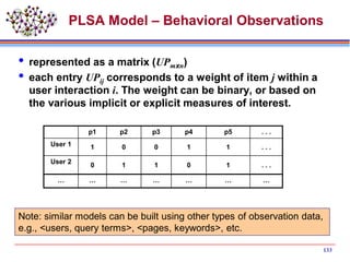 133
PLSA Model – Behavioral Observations
 represented as a matrix (UPmxn)
 each entry UPij corresponds to a weight of item j within a
user interaction i. The weight can be binary, or based on
the various implicit or explicit measures of interest.
p1 p2 p3 p4 p5 . . .
User 1 1 0 0 1 1 . . .
User 2
0 1 1 0 1 . . .
… … … … … … …
Note: similar models can be built using other types of observation data,
e.g., <users, query terms>, <pages, keywords>, etc.
 