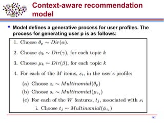 Context-aware recommendation
model
 Model defines a generative process for user profiles. The
process for generating user p is as follows:
162
 