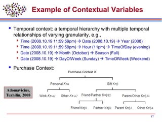 Example of Contextual Variables
 Temporal context: a temporal hierarchy with multiple temporal
relationships of varying granularity, e.g.,
 Time (2008.10.19 11:59:59pm)  Date (2008.10.19)  Year (2008)
 Time (2008.10.19 11:59:59pm)  Hour (11pm)  TimeOfDay (evening)
 Date (2008.10.19)  Month (October)  Season (Fall)
 Date (2008.10.19)  DayOfWeek (Sunday)  TimeOfWeek (Weekend)
 Purchase Context:
17
Purchase Context K
Adomavicius,
Tuzhilin, 2008
 