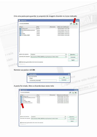 Crie uma pasta para guardar os arquivos de imagem clicando no ícone indicado:




Nomeie sua pasta e dê OK:




A pasta foi criada. Abra-a clicando duas vezes nela:




                                                                                4
 