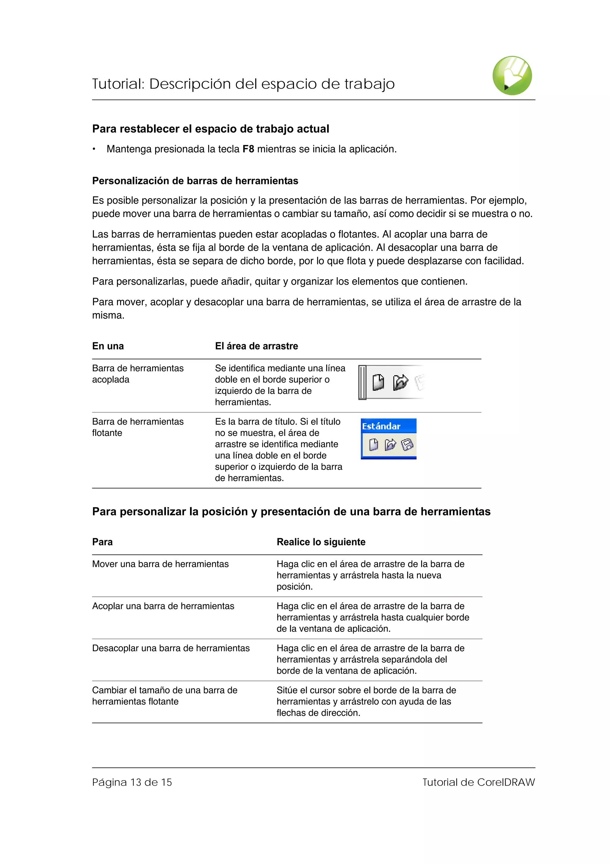 Tutorial: Descripción del espacio de trabajo


Para restablecer el espacio de trabajo actual
•   Mantenga presionada la tecla F8 mientras se inicia la aplicación.


Personalización de barras de herramientas
Es posible personalizar la posición y la presentación de las barras de herramientas. Por ejemplo,
puede mover una barra de herramientas o cambiar su tamaño, así como decidir si se muestra o no.

Las barras de herramientas pueden estar acopladas o flotantes. Al acoplar una barra de
herramientas, ésta se fija al borde de la ventana de aplicación. Al desacoplar una barra de
herramientas, ésta se separa de dicho borde, por lo que flota y puede desplazarse con facilidad.

Para personalizarlas, puede añadir, quitar y organizar los elementos que contienen.

Para mover, acoplar y desacoplar una barra de herramientas, se utiliza el área de arrastre de la
misma.


En una                      El área de arrastre

Barra de herramientas       Se identifica mediante una línea
acoplada                    doble en el borde superior o
                            izquierdo de la barra de
                            herramientas.

Barra de herramientas       Es la barra de título. Si el título
flotante                    no se muestra, el área de
                            arrastre se identifica mediante
                            una línea doble en el borde
                            superior o izquierdo de la barra
                            de herramientas.


Para personalizar la posición y presentación de una barra de herramientas

Para                                        Realice lo siguiente

Mover una barra de herramientas             Haga clic en el área de arrastre de la barra de
                                            herramientas y arrástrela hasta la nueva
                                            posición.

Acoplar una barra de herramientas           Haga clic en el área de arrastre de la barra de
                                            herramientas y arrástrela hasta cualquier borde
                                            de la ventana de aplicación.

Desacoplar una barra de herramientas        Haga clic en el área de arrastre de la barra de
                                            herramientas y arrástrela separándola del
                                            borde de la ventana de aplicación.

Cambiar el tamaño de una barra de           Sitúe el cursor sobre el borde de la barra de
herramientas flotante                       herramientas y arrástrelo con ayuda de las
                                            flechas de dirección.




Página 13 de 15                                                                 Tutorial de CorelDRAW
 