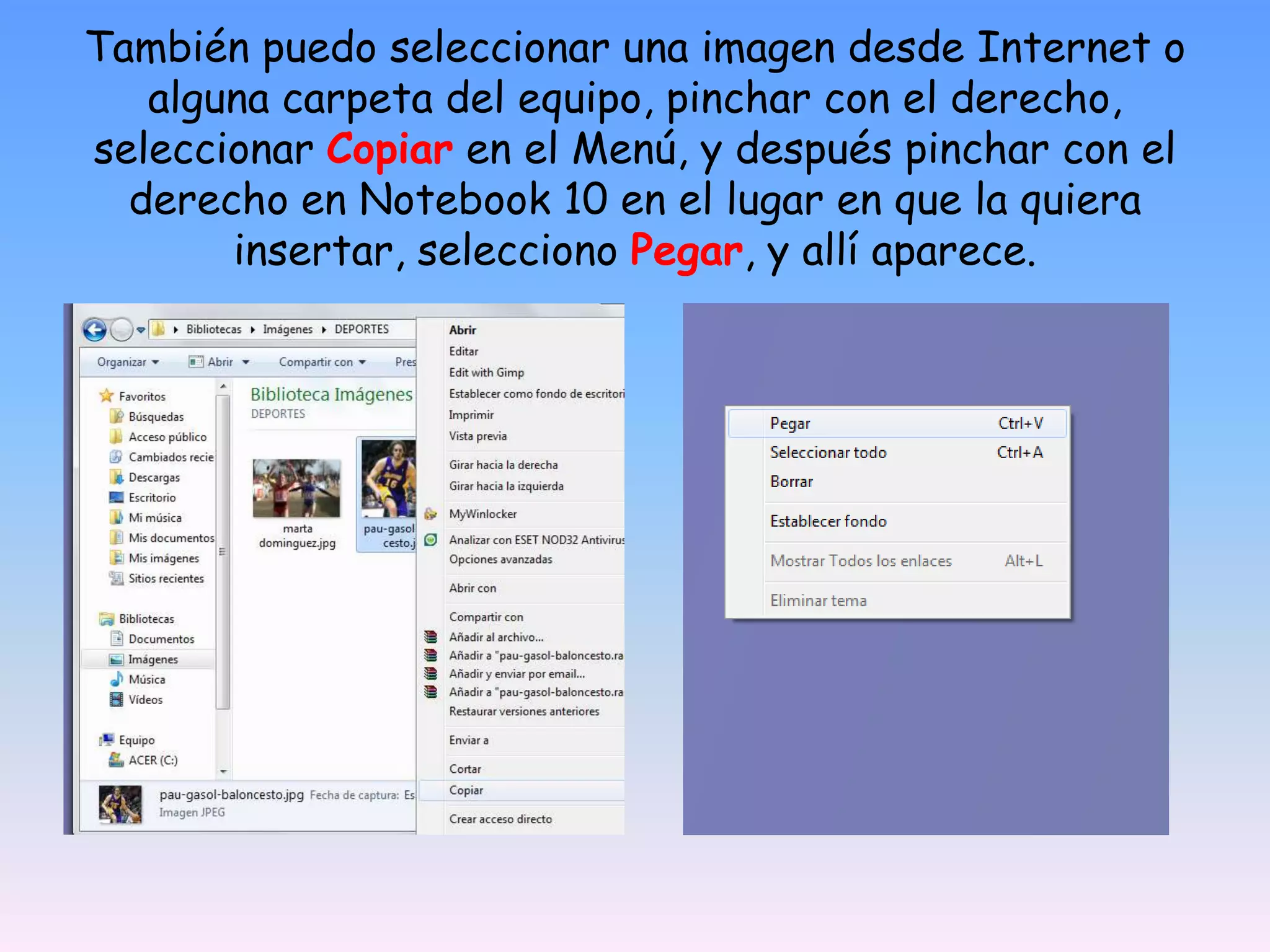 También puedo seleccionar una imagen desde Internet o alguna carpeta del equipo, pinchar con el derecho, seleccionar Copiar en el Menú, y después pinchar con el derecho en Notebook 10 en el lugar en que la quiera insertar, selecciono Pegar, y allí aparece.