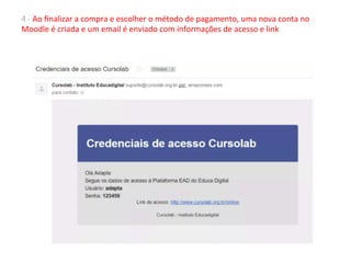 4	-	Ao	ﬁnalizar	a	compra	e	escolher	o	método	de	pagamento,	uma	nova	conta	no	
Moodle	é	criada	e	um	email	é	enviado	com	informações	de	acesso	e	link		
	
	
 