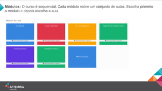 Módulos: O curso é sequencial. Cada módulo reúne um conjunto de aulas. Escolha primeiro o módulo e depois escolha a aula.  