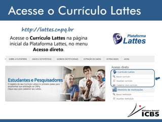 Acesse o Currículo Lattes
Acesse o Currículo Lattes na página
inicial da Plataforma Lattes, no menu
Acesso direto.
http://lattes.cnpq.br
 