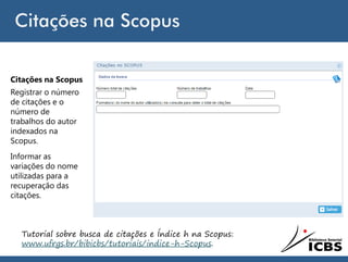 Citações na Scopus
Tutorial sobre busca de citações e Índice h na Scopus:
www.ufrgs.br/bibicbs/tutoriais/indice-h-Scopus.
Citações na Scopus
Registrar o número
de citações e o
número de
trabalhos do autor
indexados na
Scopus.
Informar as
variações do nome
utilizadas para a
recuperação das
citações.
 