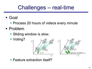 Challenges – real-time
 Goal
   Process 20 hours of videos every minute
 Problem
   Sliding window is slow.
   Voting?




   Feature extraction itself?
                                              16
 