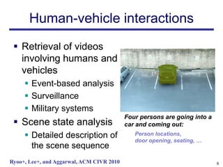 Human-vehicle interactions
  Retrieval of videos
   involving humans and
   vehicles
      Event-based analysis
      Surveillance
      Military systems
                                           Four persons are going into a
  Scene state analysis                    car and coming out:
      Detailed description of                Person locations,
                                              door opening, seating, …
       the scene sequence
Ryoo+, Lee+, and Aggarwal, ACM CIVR 2010                                   8
 