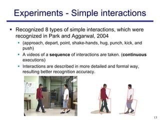 Experiments - Simple interactions
 Recognized 8 types of simple interactions, which were
  recognized in Park and Aggarwal, 2004
    (approach, depart, point, shake-hands, hug, punch, kick, and
     push)
    A videos of a sequence of interactions are taken. (continuous
     executions)
    Interactions are described in more detailed and formal way,
     resulting better recognition accuracy.




                                                                     13
 
