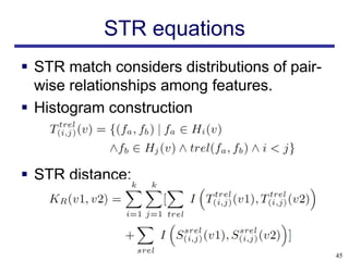 STR equations
 STR match considers distributions of pair-
  wise relationships among features.
 Histogram construction



 STR distance:




                                               45
 