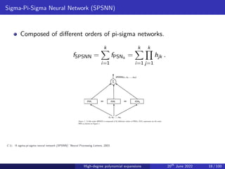 Sigma-Pi-Sigma Neural Network (SPSNN)
Composed of different orders of pi-sigma networks.
fSPSNN =
k
X
i=1
fPSNk
=
k
X
i=1
k
Y
j=1
hjk .
C Li. ‘A sigma-pi-sigma neural network (SPSNN).’ Neural Processing Letters, 2003.
High-degree polynomial expansions 20th
June 2022 18 / 100
 