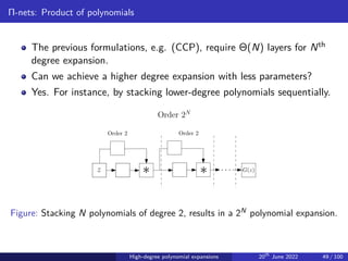 Π-nets: Product of polynomials
The previous formulations, e.g. (CCP), require Θ(N) layers for Nth
degree expansion.
Can we achieve a higher degree expansion with less parameters?
Yes. For instance, by stacking lower-degree polynomials sequentially.
z · · · G(z)
Order 2 Order 2
Order 2N
∗ ∗
Figure: Stacking N polynomials of degree 2, results in a 2N
polynomial expansion.
High-degree polynomial expansions 20th
June 2022 49 / 100
 