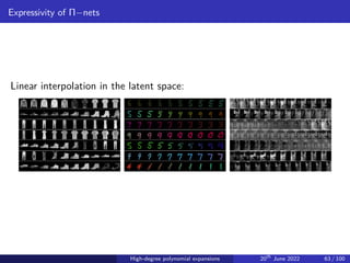 Expressivity of Π−nets
Linear interpolation in the latent space:
High-degree polynomial expansions 20th
June 2022 63 / 100
 