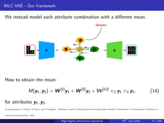 MLC-VAE - Our framework
We instead model each attribute combination with a different mean.
How to obtain the mean:
M(y1, y2) = W[1]
y1 + W[2]
y2 + W[12]
×2 y1 ×3 y2, (14)
for attributes y1, y2.
M Georgopoulos, G Chrysos, M Pantic, and Y Panagakis. ‘Multilinear Latent Conditioning for Generating Unseen Attribute Combinations.’ In International Conference on
Machine Learning (ICML), 2020.
High-degree polynomial expansions 20th
June 2022 71 / 100
 