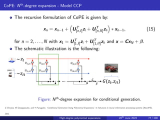 CoPE: Nth
-degree expansion - Model CCP
The recursive formulation of CoPE is given by:
xn = xn−1 +

UT
[n,I]zI + UT
[n,II]zII

∗ xn−1, (15)
for n = 2, . . . , N with x1 = UT
[1,I]zI + UT
[1,II]zII and x = CxN + β.
The schematic illustration is the following:
Figure: Nth
-degree expansion for conditional generation.
G Chrysos, M Georgopoulos, and Y Panagakis. ‘Conditional Generation Using Polynomial Expansions.’ In Advances in neural information processing systems (NeurIPS),
2021.
High-degree polynomial expansions 20th
June 2022 77 / 100
 