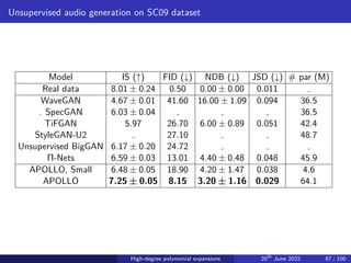 Unsupervised audio generation on SC09 dataset
Model IS (↑) FID (↓) NDB (↓) JSD (↓) # par (M)
Real data 8.01 ± 0.24 0.50 0.00 ± 0.00 0.011
WaveGAN 4.67 ± 0.01 41.60 16.00 ± 1.09 0.094 36.5
. SpecGAN 6.03 ± 0.04 36.5
TiFGAN 5.97 26.70 6.00 ± 0.89 0.051 42.4
StyleGAN-U2 27.10 48.7
Unsupervised BigGAN 6.17 ± 0.20 24.72
Π-Nets 6.59 ± 0.03 13.01 4.40 ± 0.48 0.048 45.9
APOLLO, Small 6.48 ± 0.05 18.90 4.20 ± 1.47 0.038 4.6
APOLLO 7.25 ± 0.05 8.15 3.20 ± 1.16 0.029 64.1
High-degree polynomial expansions 20th
June 2022 87 / 100
 
