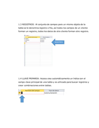 1.3 REGISTROS: Al conjunto de campos para un mismo objeto de la
tabla se le denomina registro o fila, así todos los campos de un cliente
forman un registro, todos los datos de otro cliente forman otro registro.
1.4 LLAVE PRIMARIA: Access crea automáticamente un índice con el
campo clave principal de una tabla y es utilizado para buscar registros y
crear combinaciones entre tablas.
REGISTROS
 