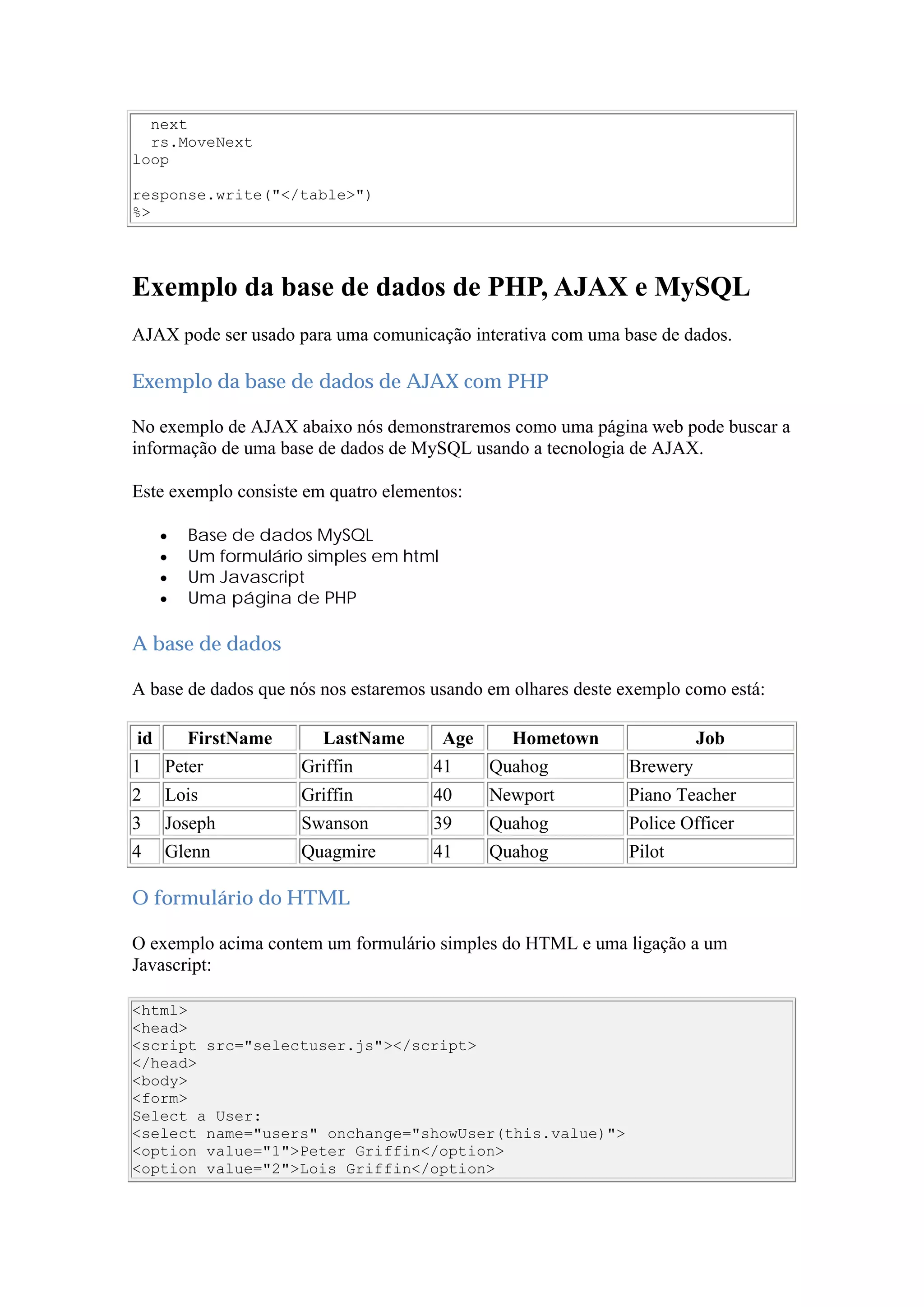 next
rs.MoveNext
loop
response.write("</table>")
%>
Exemplo da base de dados de PHP, AJAX e MySQL
AJAX pode ser usado para uma comunicação interativa com uma base de dados.
Exemplo da base de dados de AJAX com PHP
No exemplo de AJAX abaixo nós demonstraremos como uma página web pode buscar a
informação de uma base de dados de MySQL usando a tecnologia de AJAX.
Este exemplo consiste em quatro elementos:
 Base de dados MySQL
 Um formulário simples em html
 Um Javascript
 Uma página de PHP
A base de dados
A base de dados que nós nos estaremos usando em olhares deste exemplo como está:
id FirstName LastName Age Hometown Job
1 Peter Griffin 41 Quahog Brewery
2 Lois Griffin 40 Newport Piano Teacher
3 Joseph Swanson 39 Quahog Police Officer
4 Glenn Quagmire 41 Quahog Pilot
O formulário do HTML
O exemplo acima contem um formulário simples do HTML e uma ligação a um
Javascript:
<html>
<head>
<script src="selectuser.js"></script>
</head>
<body>
<form>
Select a User:
<select name="users" onchange="showUser(this.value)">
<option value="1">Peter Griffin</option>
<option value="2">Lois Griffin</option>
 