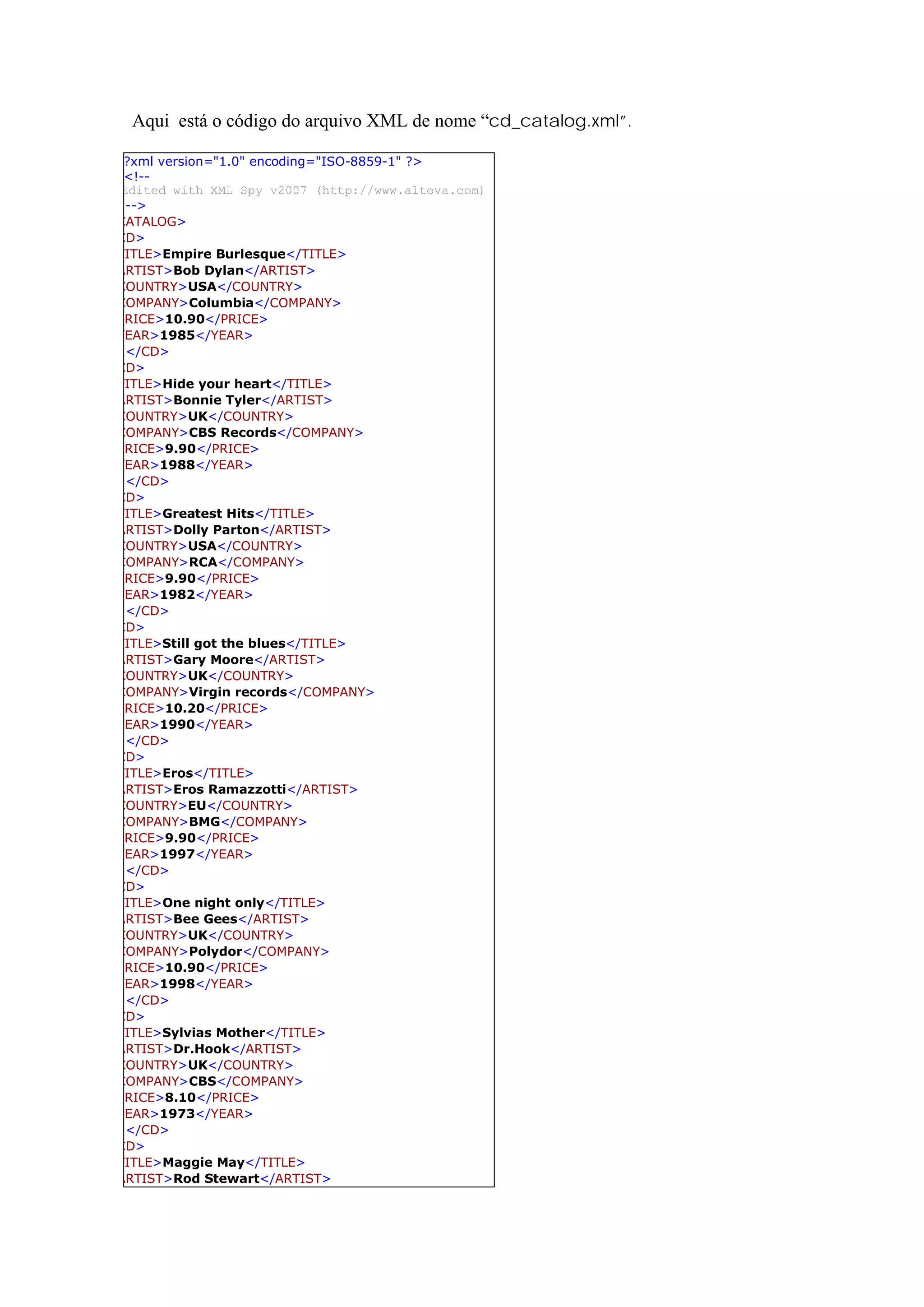 Aqui está o código do arquivo XML de nome “cd_catalog.xml”.
<?xml version="1.0" encoding="ISO-8859-1" ?>
<!--
Edited with XML Spy v2007 (http://www.altova.com)
-->
CATALOG>
CD>
TITLE>Empire Burlesque</TITLE>
ARTIST>Bob Dylan</ARTIST>
COUNTRY>USA</COUNTRY>
COMPANY>Columbia</COMPANY>
PRICE>10.90</PRICE>
YEAR>1985</YEAR>
</CD>
CD>
TITLE>Hide your heart</TITLE>
ARTIST>Bonnie Tyler</ARTIST>
COUNTRY>UK</COUNTRY>
COMPANY>CBS Records</COMPANY>
PRICE>9.90</PRICE>
YEAR>1988</YEAR>
</CD>
CD>
TITLE>Greatest Hits</TITLE>
ARTIST>Dolly Parton</ARTIST>
COUNTRY>USA</COUNTRY>
COMPANY>RCA</COMPANY>
PRICE>9.90</PRICE>
YEAR>1982</YEAR>
</CD>
CD>
TITLE>Still got the blues</TITLE>
ARTIST>Gary Moore</ARTIST>
COUNTRY>UK</COUNTRY>
COMPANY>Virgin records</COMPANY>
PRICE>10.20</PRICE>
YEAR>1990</YEAR>
</CD>
CD>
TITLE>Eros</TITLE>
ARTIST>Eros Ramazzotti</ARTIST>
COUNTRY>EU</COUNTRY>
COMPANY>BMG</COMPANY>
PRICE>9.90</PRICE>
YEAR>1997</YEAR>
</CD>
CD>
TITLE>One night only</TITLE>
ARTIST>Bee Gees</ARTIST>
COUNTRY>UK</COUNTRY>
COMPANY>Polydor</COMPANY>
PRICE>10.90</PRICE>
YEAR>1998</YEAR>
</CD>
CD>
TITLE>Sylvias Mother</TITLE>
ARTIST>Dr.Hook</ARTIST>
COUNTRY>UK</COUNTRY>
COMPANY>CBS</COMPANY>
PRICE>8.10</PRICE>
YEAR>1973</YEAR>
</CD>
CD>
TITLE>Maggie May</TITLE>
ARTIST>Rod Stewart</ARTIST>
 