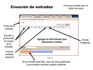 Creación de entradas                               Funciona similar que un
                                                              editor de texto




Título de la
  entrada

 Escribe y
da formato                    Agrega la información que                    Añade
 al cuerpo                       deseamos mostrar                        imágenes
    de la
  entrada

  Incluye
 enlaces
 externos                                Figura 12


               Si la entrada está lista, haz clic para publicarla.
                    Las entradas siempre pueden editarse.
 