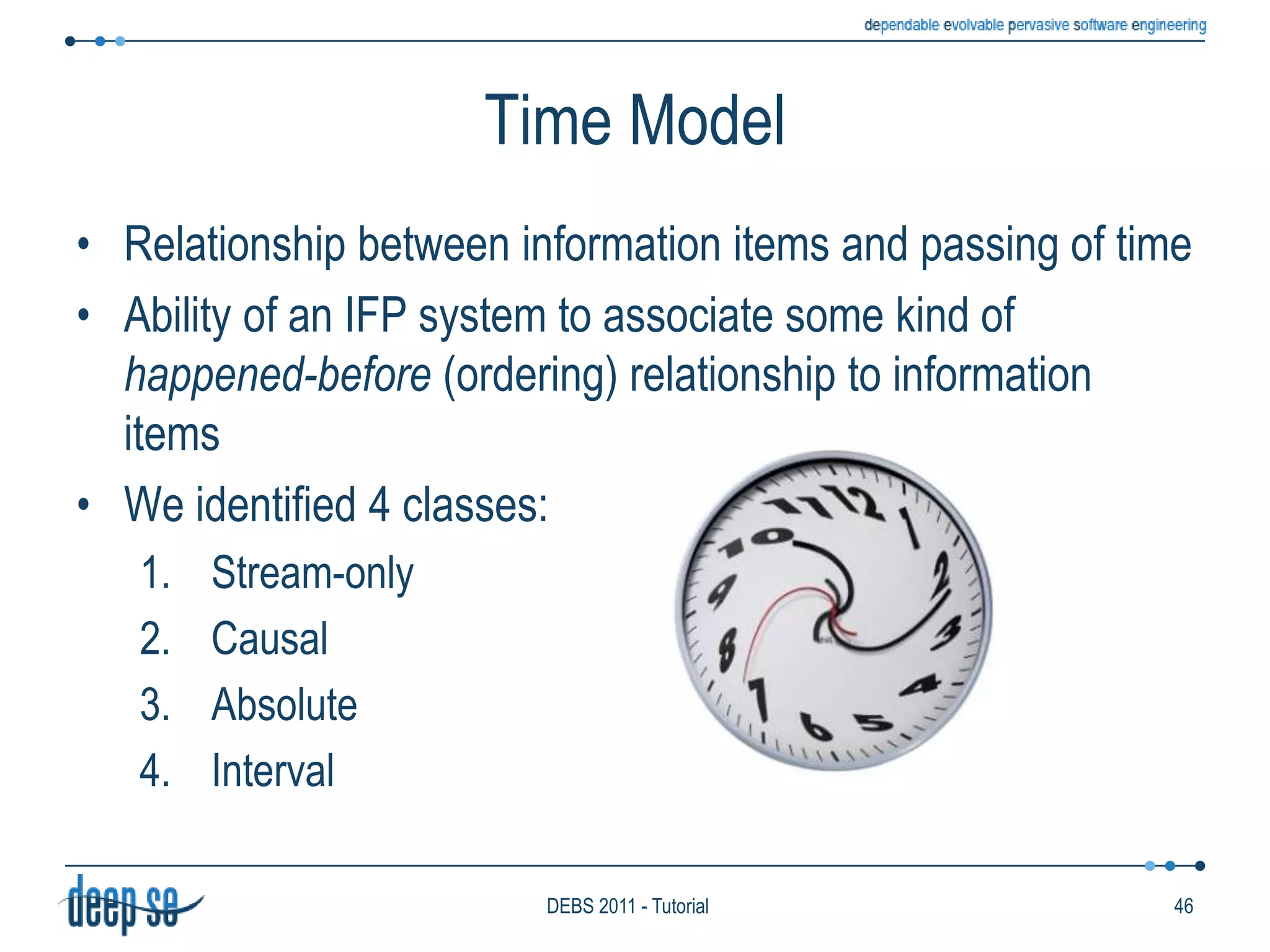 Deployment modelAutomatic distribution of processing introduces the operator placementproblemGiven a set of rules (composed of operators) and a set of nodesHow to split the processing loadHow to assign operators to available nodesIn other words (Event Processing in Action)Given an event processing networkHow to map it onto the physical network of nodes37DEBS 2011 - Tutorial