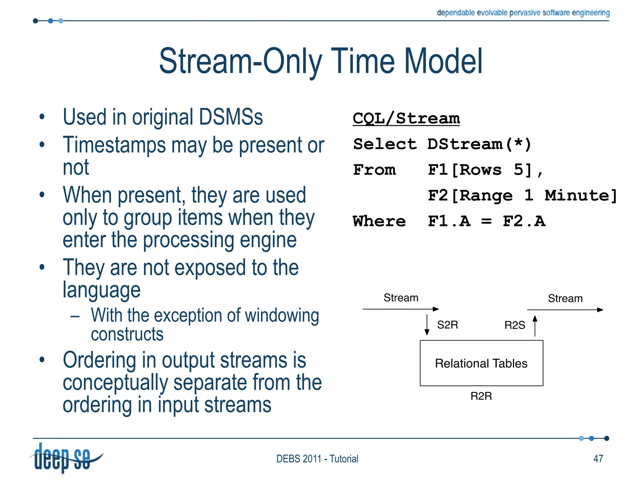 Operator placementThe operator placement problem is still openSeveral proposalsOften adopting techniques coming from the Operational ResearchDifficult to compare solutions and resultsEven in its simplest form the problem is NP-hardGood survey paper by Lakshmanan, Li, and Strom“Placement Strategies for Internet-Scale Data Stream Systems”38DEBS 2011 - Tutorial