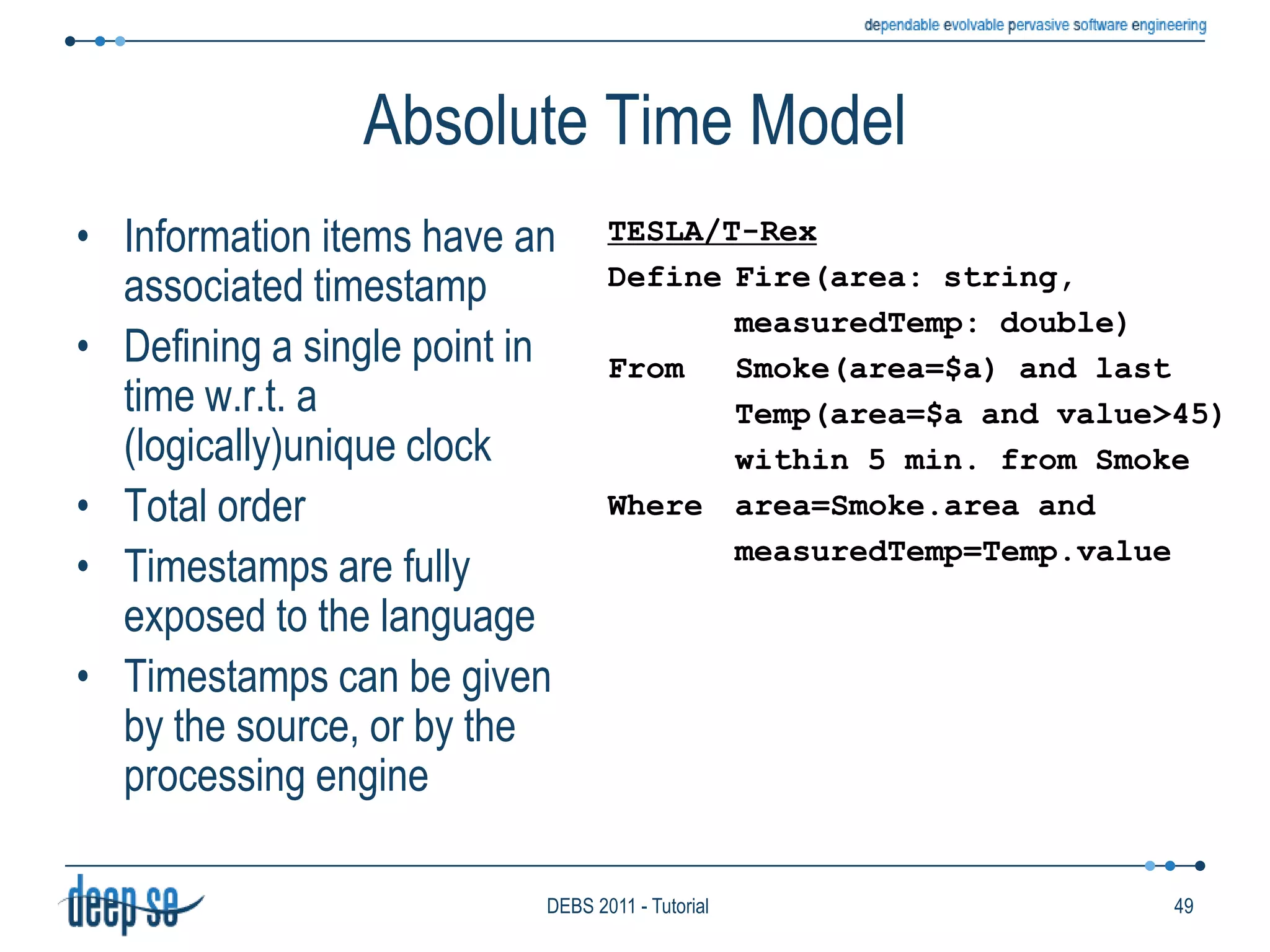 Operator placementDifferent goals have been considered for operator placementDepending from the deployment architectureDepending from the application requirementsExamples:Minimize delay / network usage (bandwidth)Pietzuch et. Al. “Network-Aware Operator Placement for Stream-Processing Systems”Reduce hardware resource usage / Obtain load balancingRelevant in clustered scenariosSeveral papers for IBM System S40DEBS 2011 - Tutorial