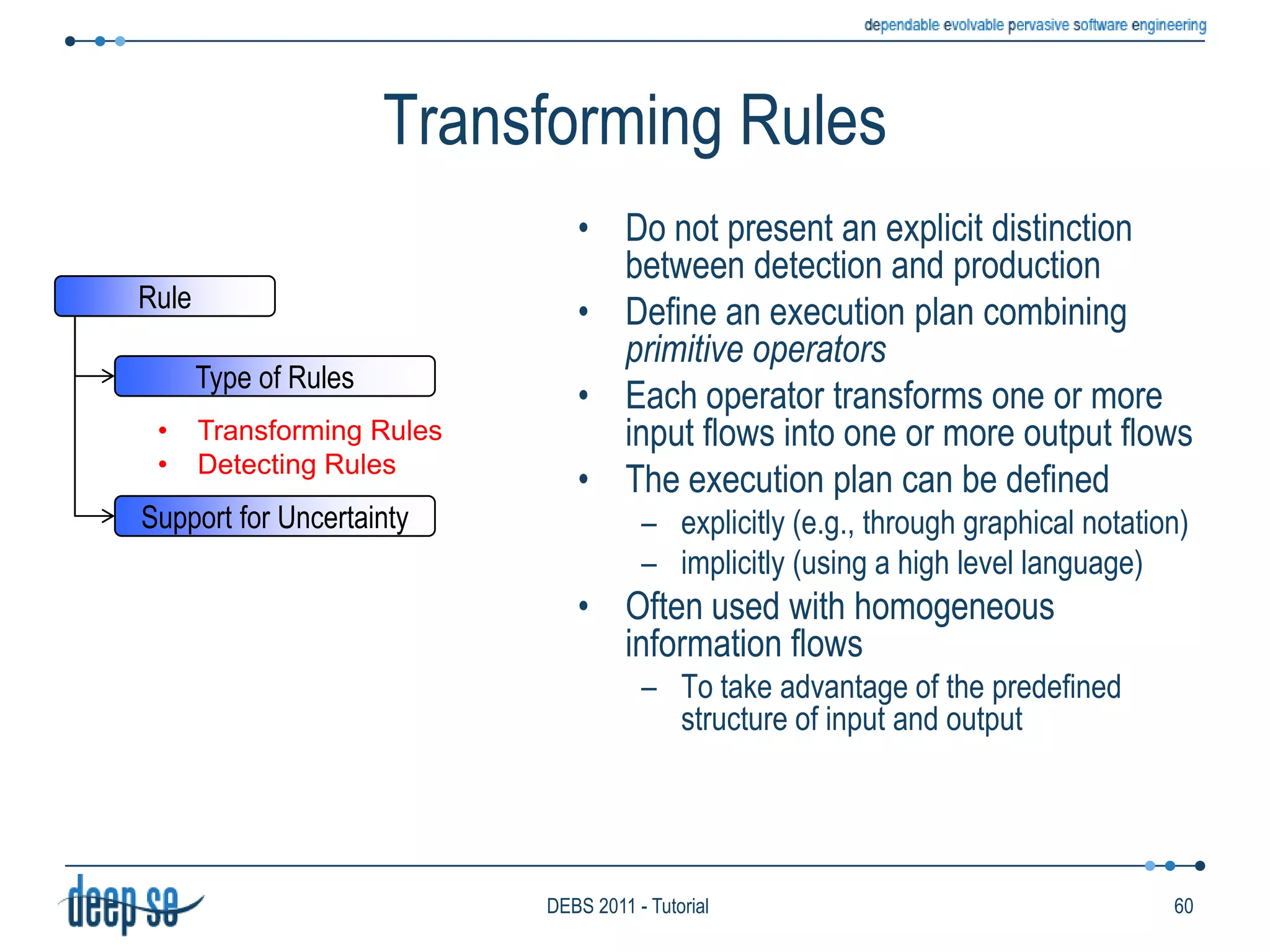Time ModelRelationship between information items and passing of timeAbility of an IFP system to associate some kind of happened-before (ordering) relationship to information itemsWe identified 4 classes:Stream-onlyCausalAbsoluteInterval46DEBS 2011 - Tutorial
