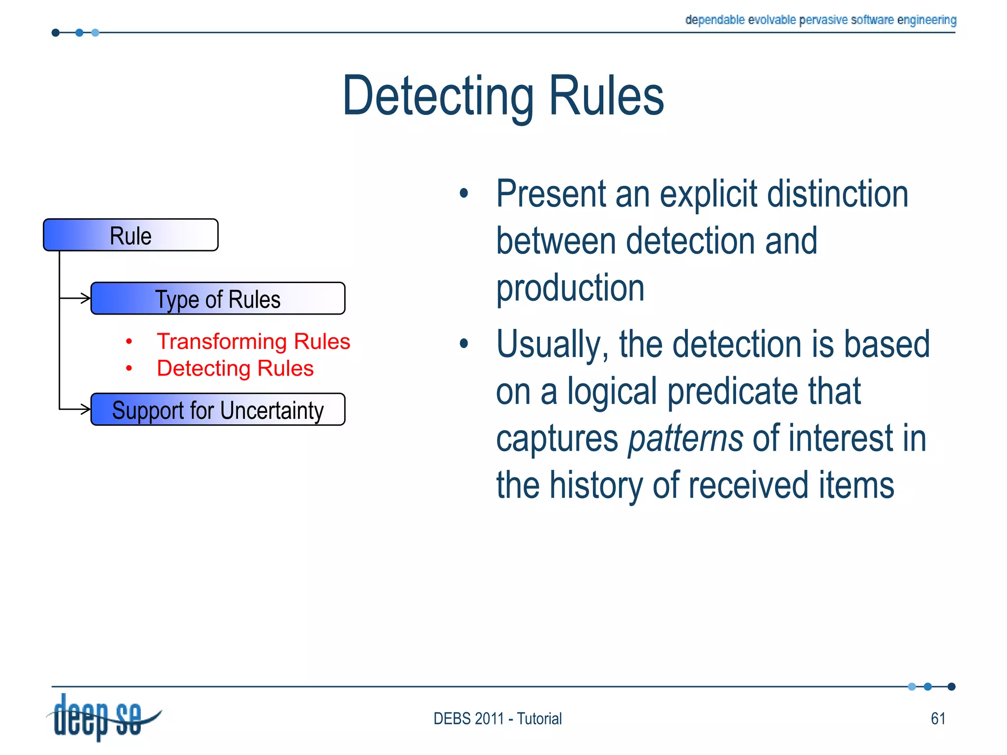 Stream-Only Time ModelUsed in original DSMSsTimestamps may be present or notWhen present, they are used only to group items when they enter the processing engineThey are not exposed to the languageWith the exception of windowing constructsOrdering in output streams is conceptually separate from the ordering in input streamsCQL/StreamSelect DStream(*)From F1[Rows 5], F2[Range 1 Minute]Where	 F1.A = F2.A47DEBS 2011 - Tutorial