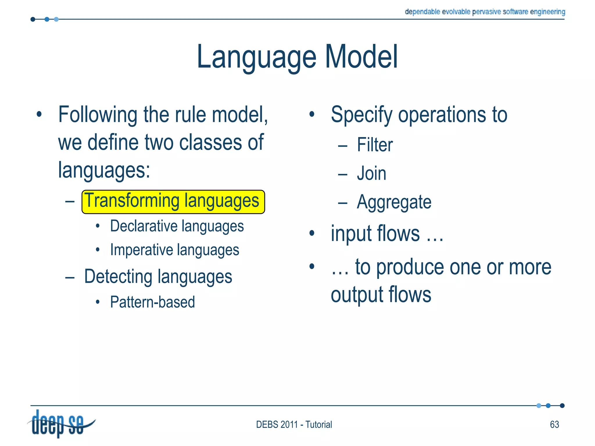 Absolute Time ModelInformation items have an associated timestampDefining a single point in time w.r.t. a (logically)unique clockTotal orderTimestamps are fully exposed to the languageTimestamps can be given by the source, or by the processing engineTESLA/T-RexDefine	Fire(area: string,measuredTemp: double) From	Smoke(area=$a) and last 	Temp(area=$a and value>45)	within 5 min. from Smoke Where 	area=Smoke.areaandmeasuredTemp=Temp.value49DEBS 2011 - Tutorial