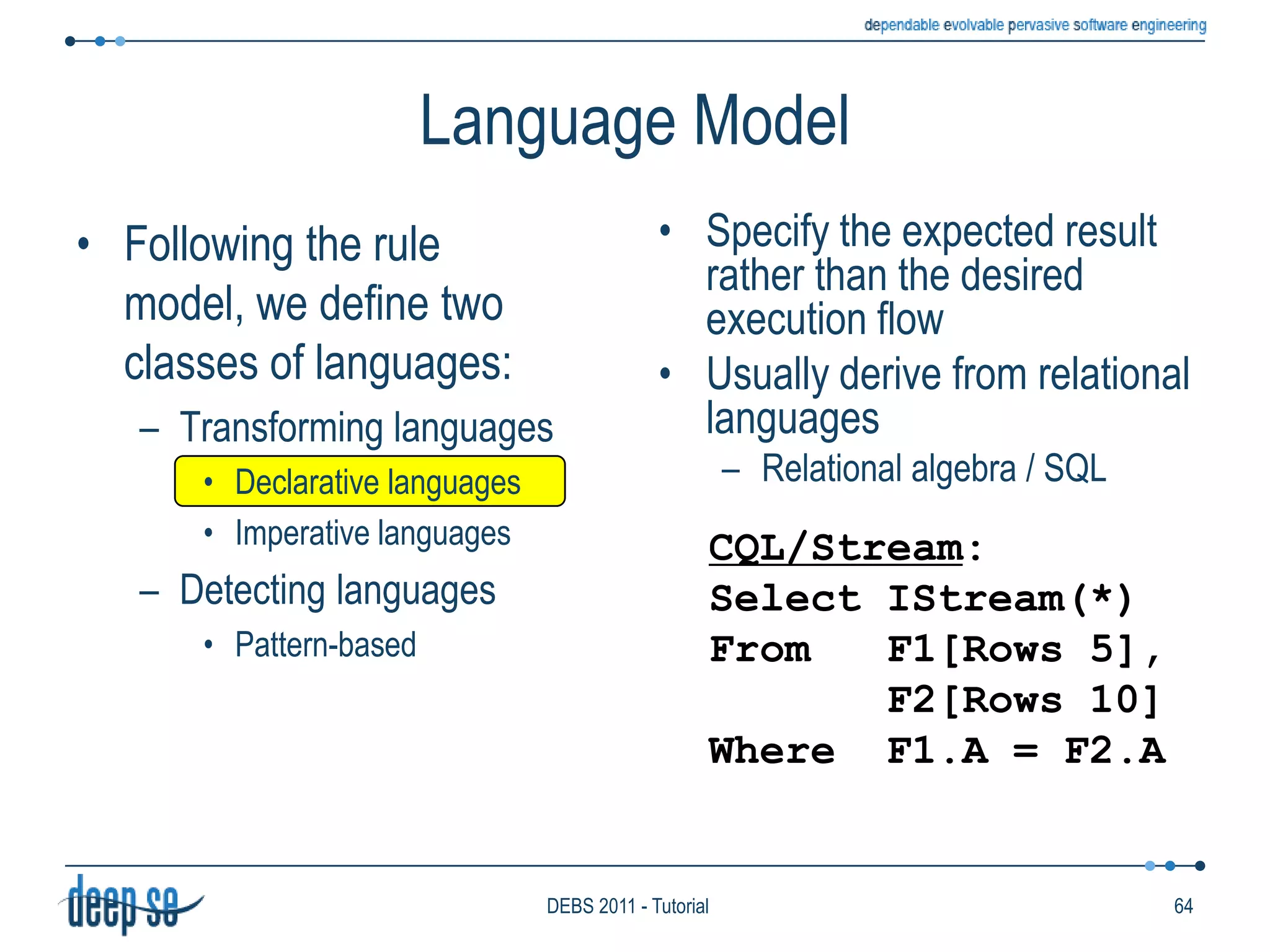 Interval Time ModelUsed for events to include “duration”SnoopIB, Cayuga, NextCEP, …At a first sight, it is a simple extension of the absolute time modelTimestamps with two values: start time and end timeHowever, it opens many issuesWhat is the successor of an event?What is the timestamp associated to a composite event?50DEBS 2011 - Tutorial