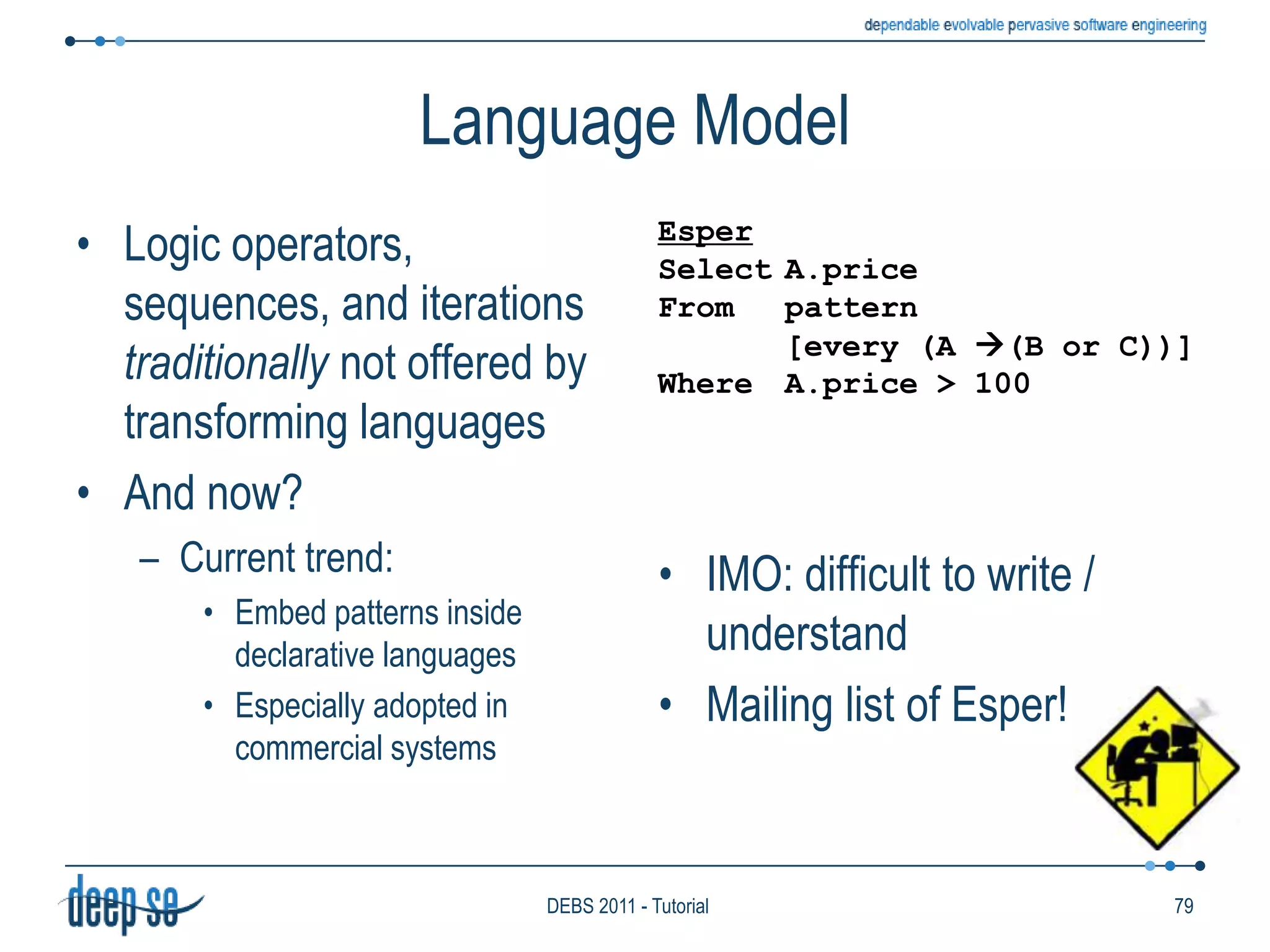 Nature of ItemsCQL/Stream (Generic Data)SelectIStream(*)From	 F1[Rows 5], F2[Range 1 Minute]Where	 F1.A = F2.ATESLA/T-Rex (Event Notifications)Define	Fire (area: string,measuredTemp: double) From	Smoke(area=$a)and last 	Temp(area=$a and value>45)within 5 min.from Smoke Where 	area=Smoke.area andmeasuredTemp=Temp.value55DEBS 2011 - Tutorial