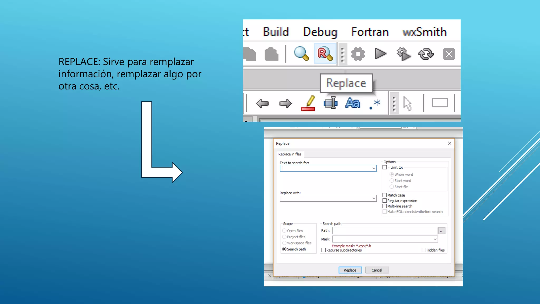 REPLACE: Sirve para remplazar
información, remplazar algo por
otra cosa, etc.
 