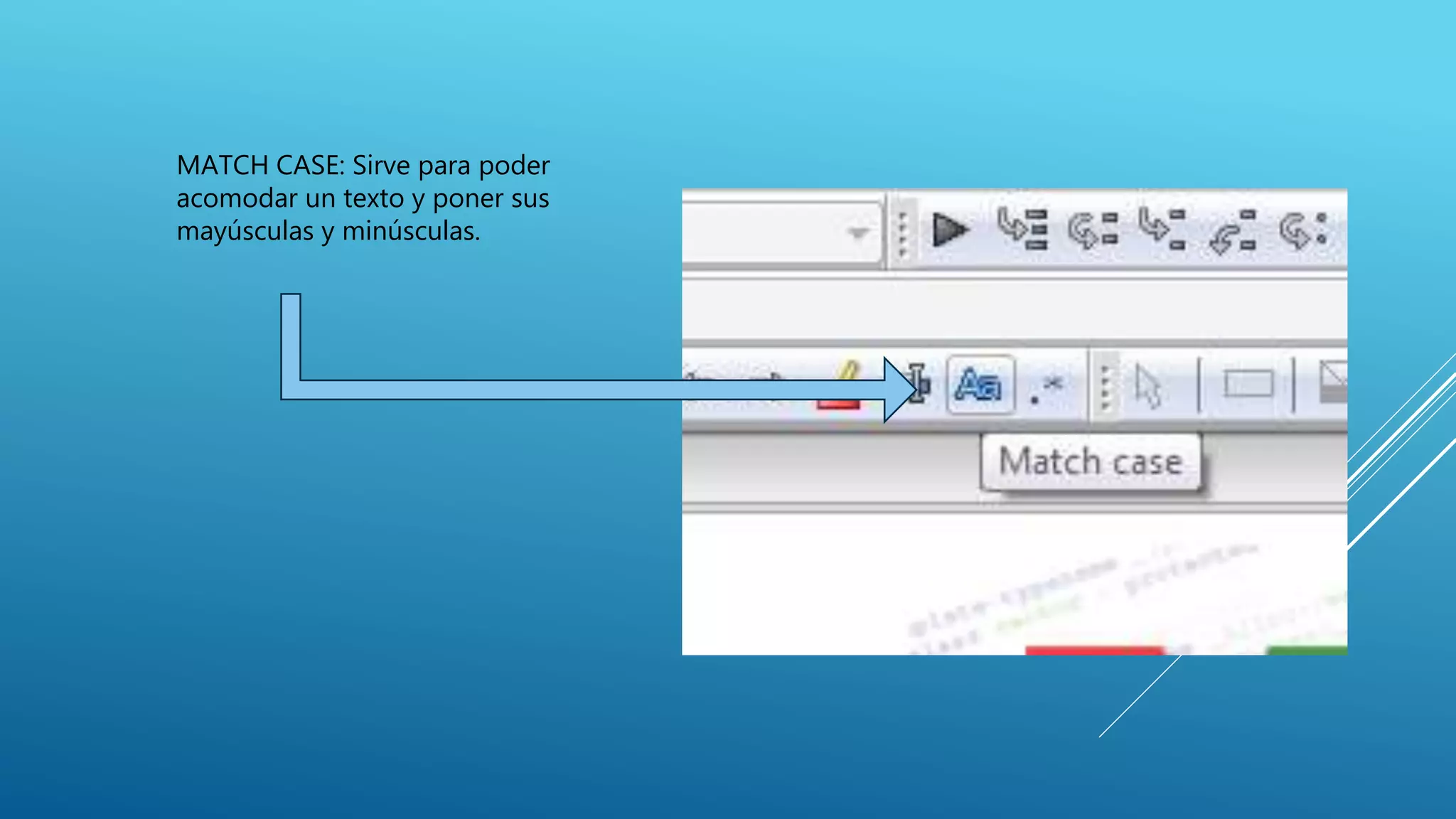 MATCH CASE: Sirve para poder
acomodar un texto y poner sus
mayúsculas y minúsculas.
 