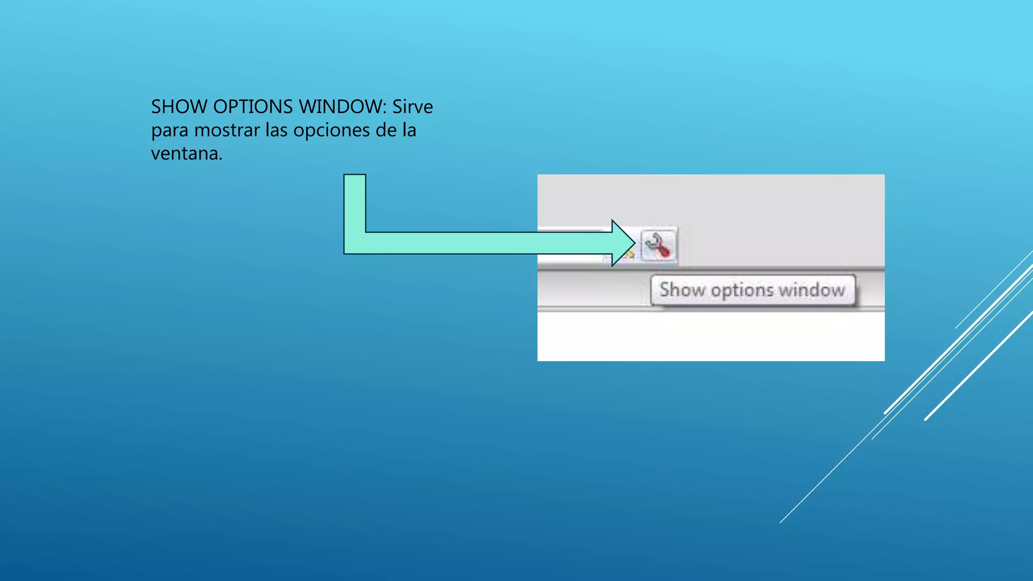 SHOW OPTIONS WINDOW: Sirve
para mostrar las opciones de la
ventana.
 