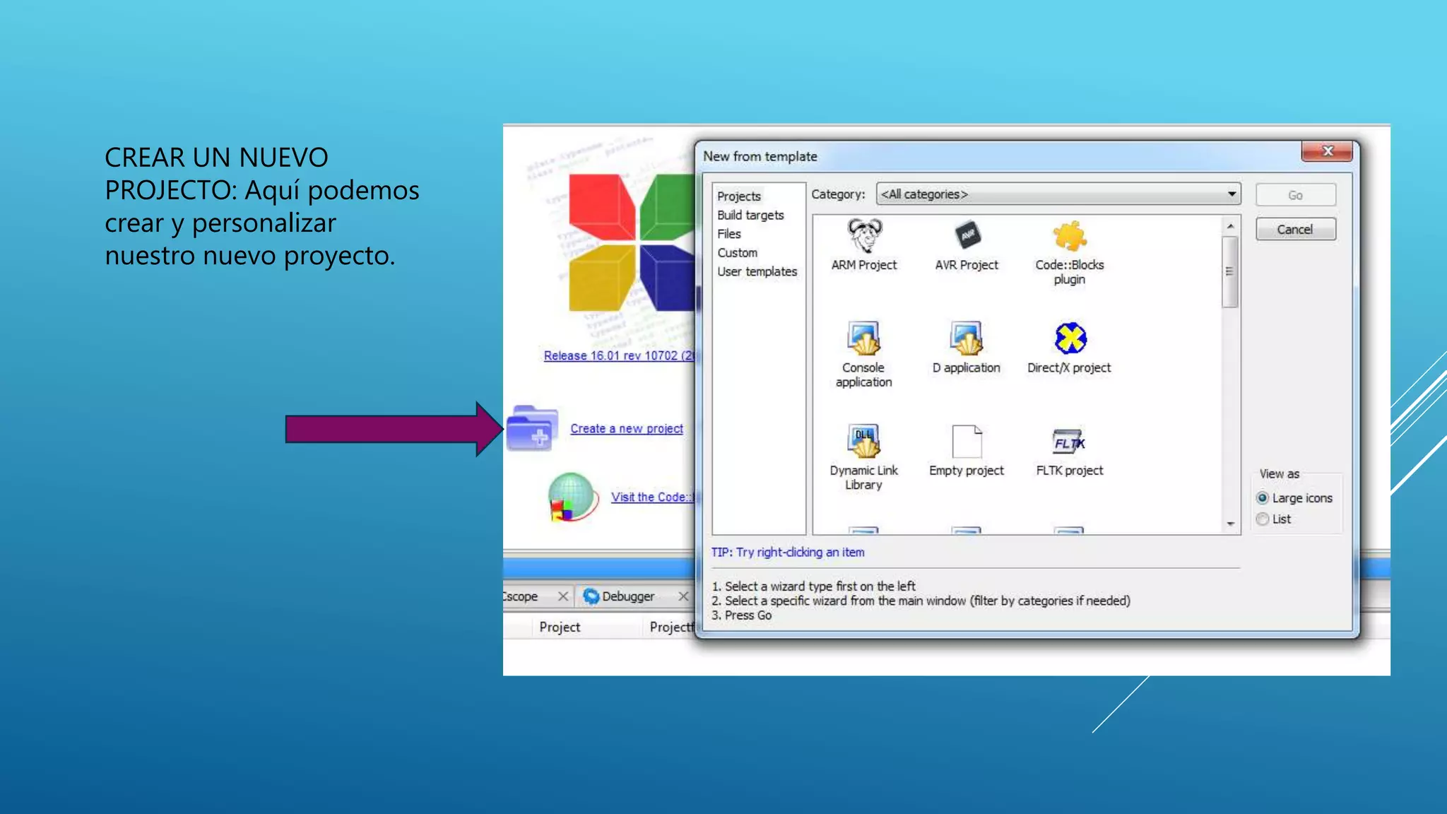 CREAR UN NUEVO
PROJECTO: Aquí podemos
crear y personalizar
nuestro nuevo proyecto.
 