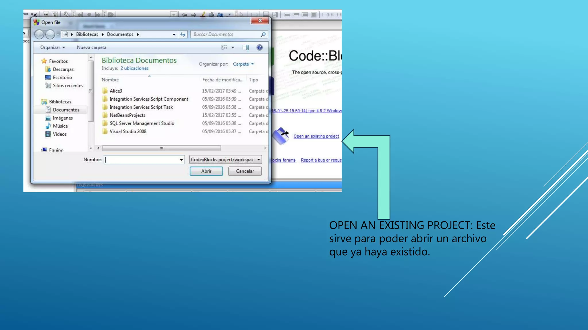 OPEN AN EXISTING PROJECT: Este
sirve para poder abrir un archivo
que ya haya existido.
 