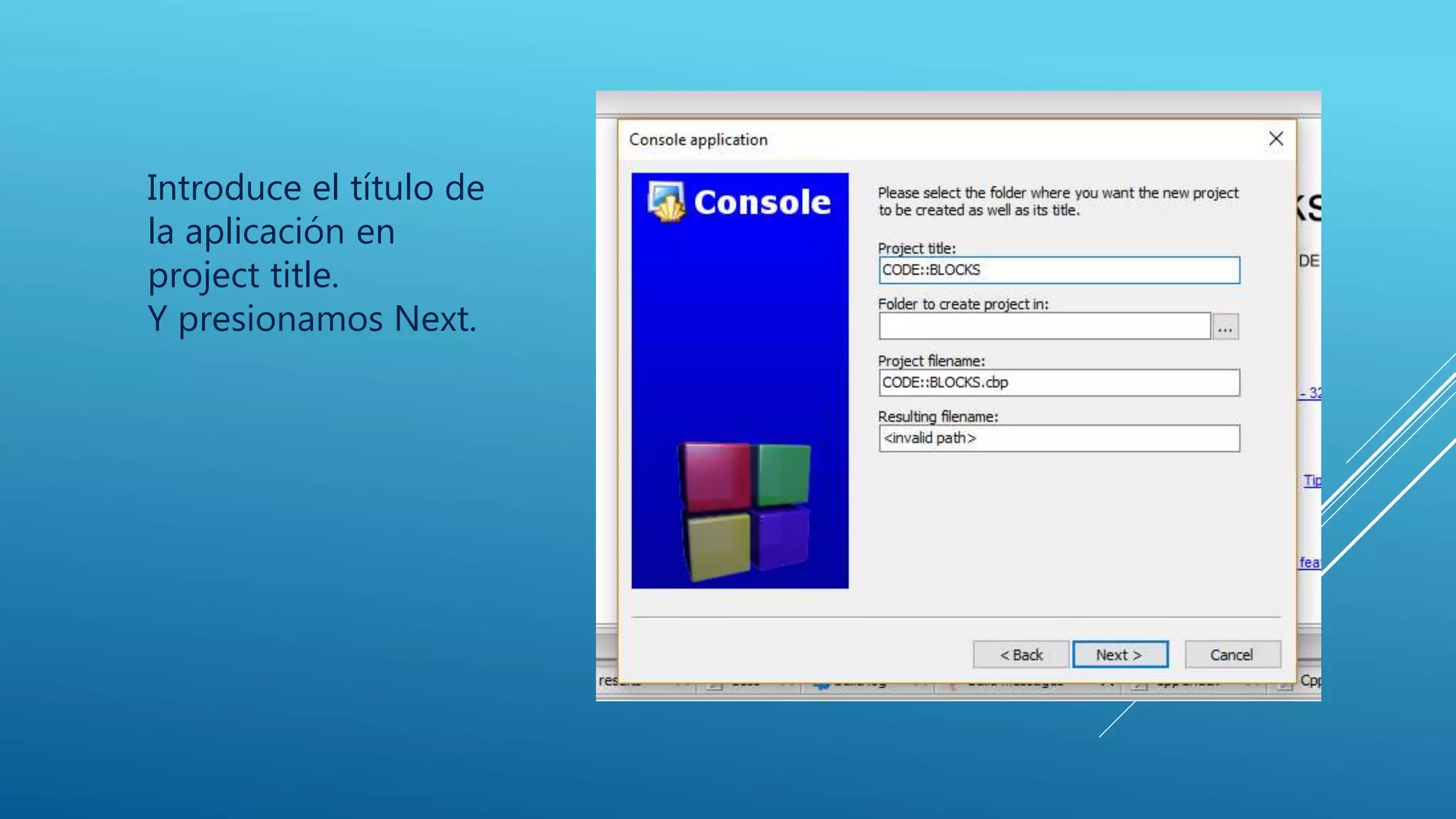 Introduce el título de
la aplicación en
project title.
Y presionamos Next.
 