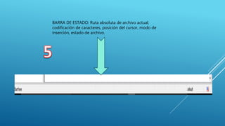 BARRA DE ESTADO: Ruta absoluta de archivo actual,
codificación de caracteres, posición del cursor, modo de
inserción, estado de archivo.
 