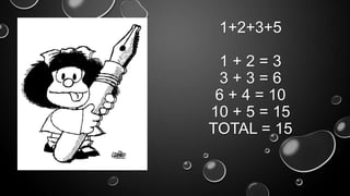 1+2+3+5
1+2=3
3+3=6
6 + 4 = 10
10 + 5 = 15
TOTAL = 15