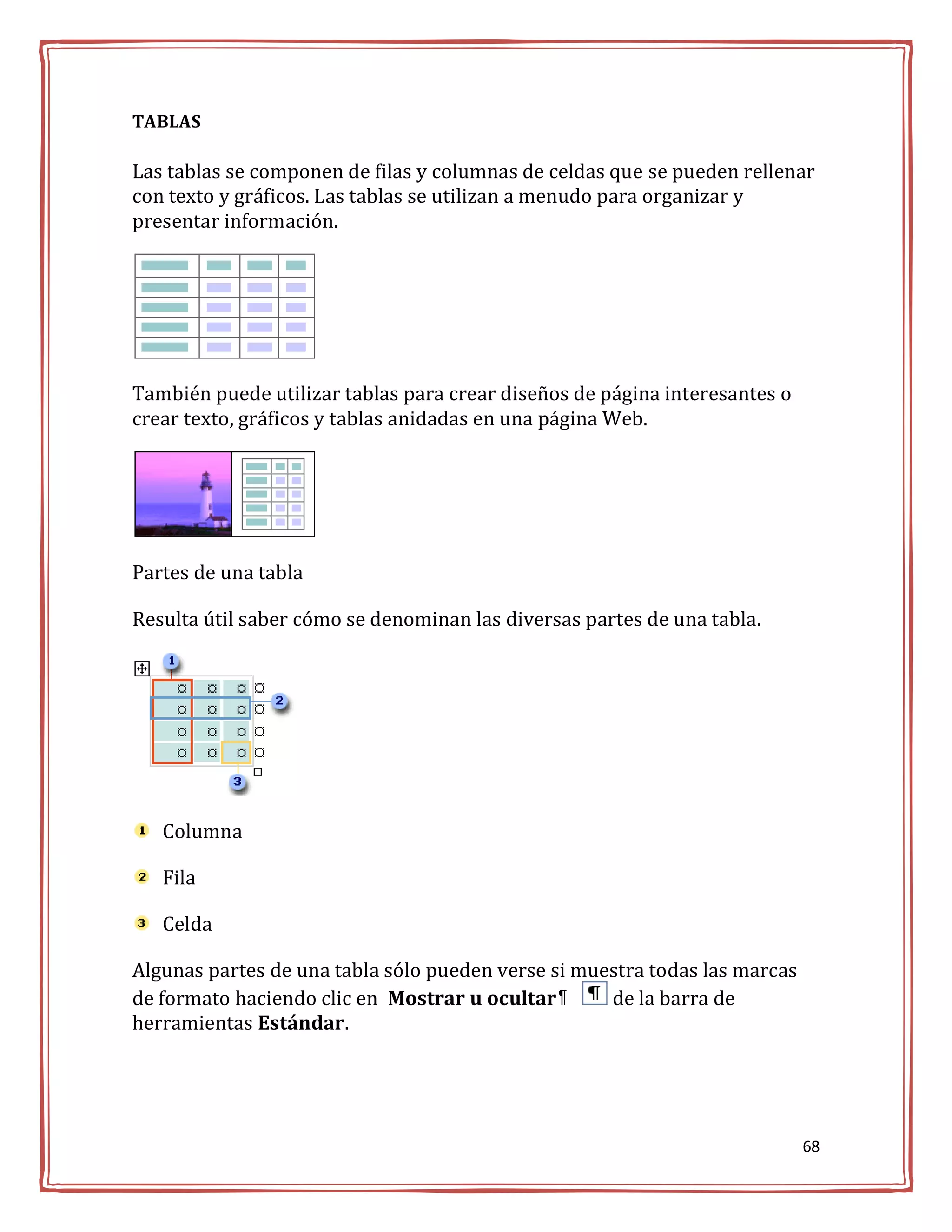 TABLAS

Las tablas se componen de filas y columnas de celdas que se pueden rellenar
con texto y gráficos. Las tablas se utilizan a menudo para organizar y
presentar información.




También puede utilizar tablas para crear diseños de página interesantes o
crear texto, gráficos y tablas anidadas en una página Web.




Partes de una tabla

Resulta útil saber cómo se denominan las diversas partes de una tabla.




   Columna

   Fila

   Celda

Algunas partes de una tabla sólo pueden verse si muestra todas las marcas
de formato haciendo clic en Mostrar u ocultar       de la barra de
herramientas Estándar.




                                                                            68
 