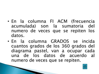 • En la columna FI ACM (frecuencia
  acumulada) son la sumatoria del
  numero de veces que se repiten los
  datos.
• En la columna GRADOS se incida
  cuantos grados de los 360 grados del
  diagrama pastel, van a ocupar cada
  una de los datos de acuerdo al
  numero de veces que se repiten.
 