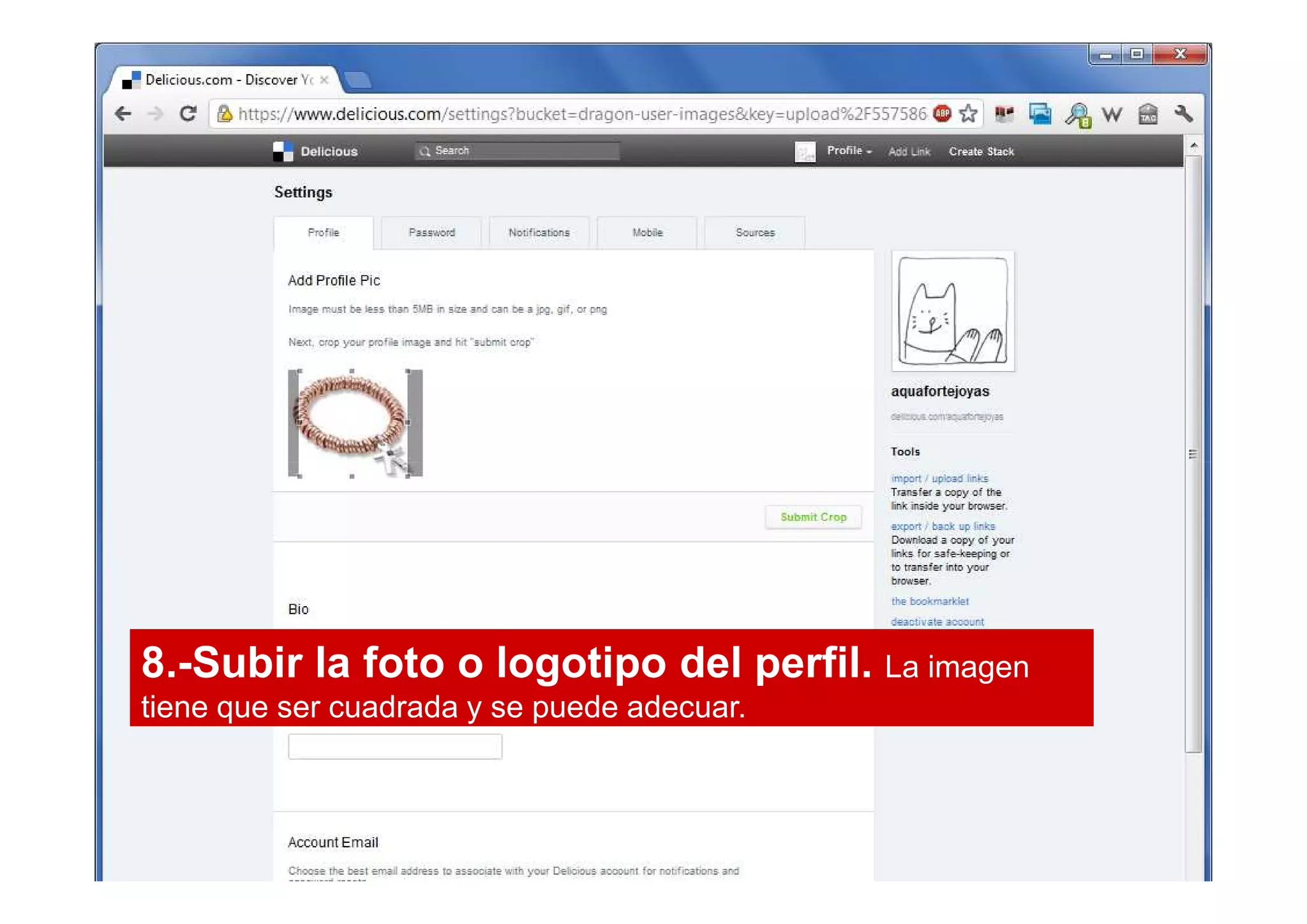 8.-Subir la foto o logotipo del perfil. La imagen
tiene que ser cuadrada y se puede adecuar.
 