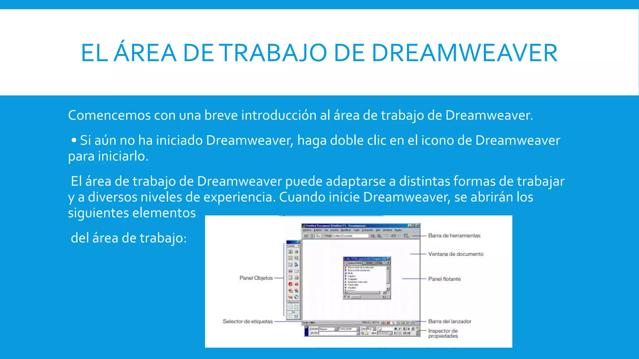 EL ÁREA DETRABAJO DE DREAMWEAVER
Comencemos con una breve introducción al área de trabajo de Dreamweaver.
• Si aún no ha iniciado Dreamweaver, haga doble clic en el icono de Dreamweaver
para iniciarlo.
El área de trabajo de Dreamweaver puede adaptarse a distintas formas de trabajar
y a diversos niveles de experiencia. Cuando inicie Dreamweaver, se abrirán los
siguientes elementos
del área de trabajo:
 