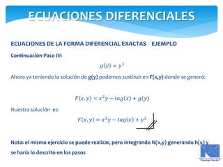 ECUACIONES DE LA FORMA DIFERENCIAL EXACTAS EJEMPLO
Continuación Paso IV:
𝑔 𝑦 = 𝑦2
Ahora ya teniendo la solución de g(y) podemos sustituir en F(x,y) donde se generó:
𝐹 𝑥, 𝑦 = 𝑥2
𝑦 − 𝑡𝑎𝑔 𝑥 + 𝑔(𝑦)
Nuestra solución es:
𝐹 𝑥, 𝑦 = 𝑥2
𝑦 − 𝑡𝑎𝑔 𝑥 + 𝑦2
Nota: el mismo ejercicio se puede realizar, pero integrando N(x,y) generando h(x) y
se haría lo descrito en los pasos
ECUACIONES DIFERENCIALES
 