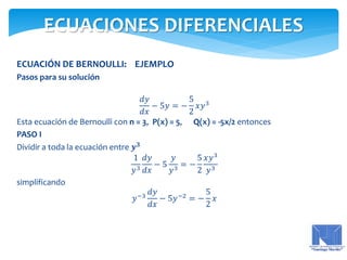 ECUACIÓN DE BERNOULLI: EJEMPLO
Pasos para su solución
𝑑𝑦
𝑑𝑥
− 5𝑦 = −
5
2
𝑥𝑦3
Esta ecuación de Bernoulli con n = 3, P(x) = 5, Q(x) = -5x/2 entonces
PASO I
Dividir a toda la ecuación entre 𝒚 𝟑
1
𝑦3
𝑑𝑦
𝑑𝑥
− 5
𝑦
𝑦3
= −
5
2
𝑥𝑦3
𝑦3
simplificando
𝑦−3
𝑑𝑦
𝑑𝑥
− 5𝑦−2
= −
5
2
𝑥
ECUACIONES DIFERENCIALES
 