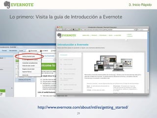 29
3. Inicio Rápido
Lo primero: Visita la guía de Introducción a Evernote
http://www.evernote.com/about/intl/es/getting_started/
 