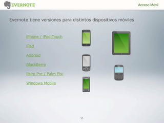 55
Evernote tiene versiones para distintos dispositivos móviles
Acceso Móvil
iPhone / iPod Touch
iPad
Android
BlackBerry
Palm Pre / Palm Pixi
Windows Mobile
 