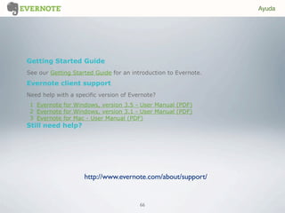 66
Getting Started Guide
See our Getting Started Guide for an introduction to Evernote.
Evernote client support
Need help with a specific version of Evernote?
1 Evernote for Windows, version 3.5 - User Manual (PDF)
2 Evernote for Windows, version 3.1 - User Manual (PDF)
3 Evernote for Mac - User Manual (PDF)
Still need help?
Ayuda
http://www.evernote.com/about/support/
 